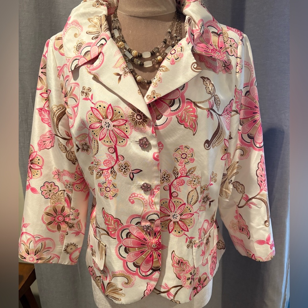 Victor Costa Silk Floral Blazer with Jeweled Buttons Size 12